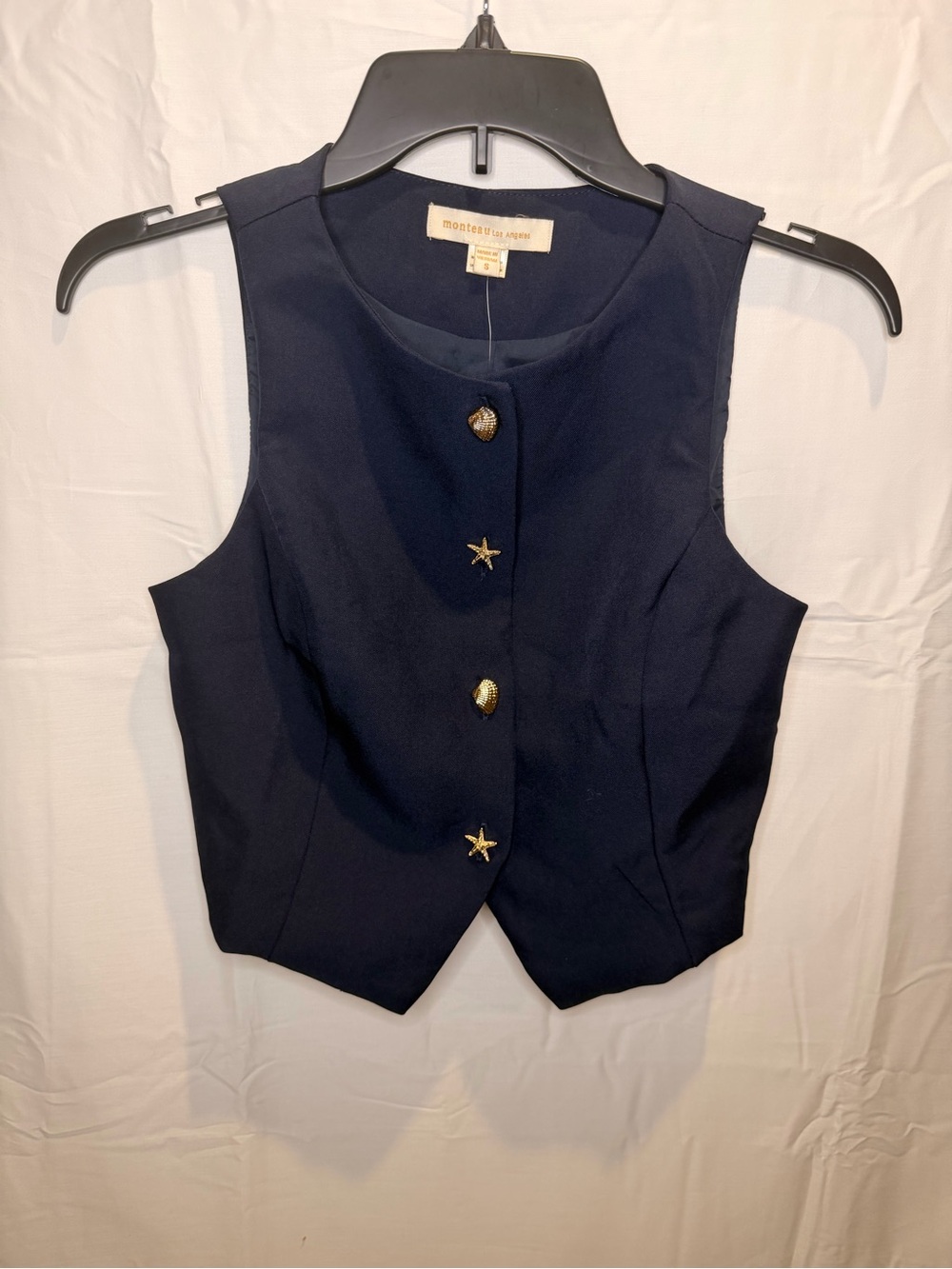Monterey Bay Navy Sleeveless Buttoned Crop Vest with Gold Accents